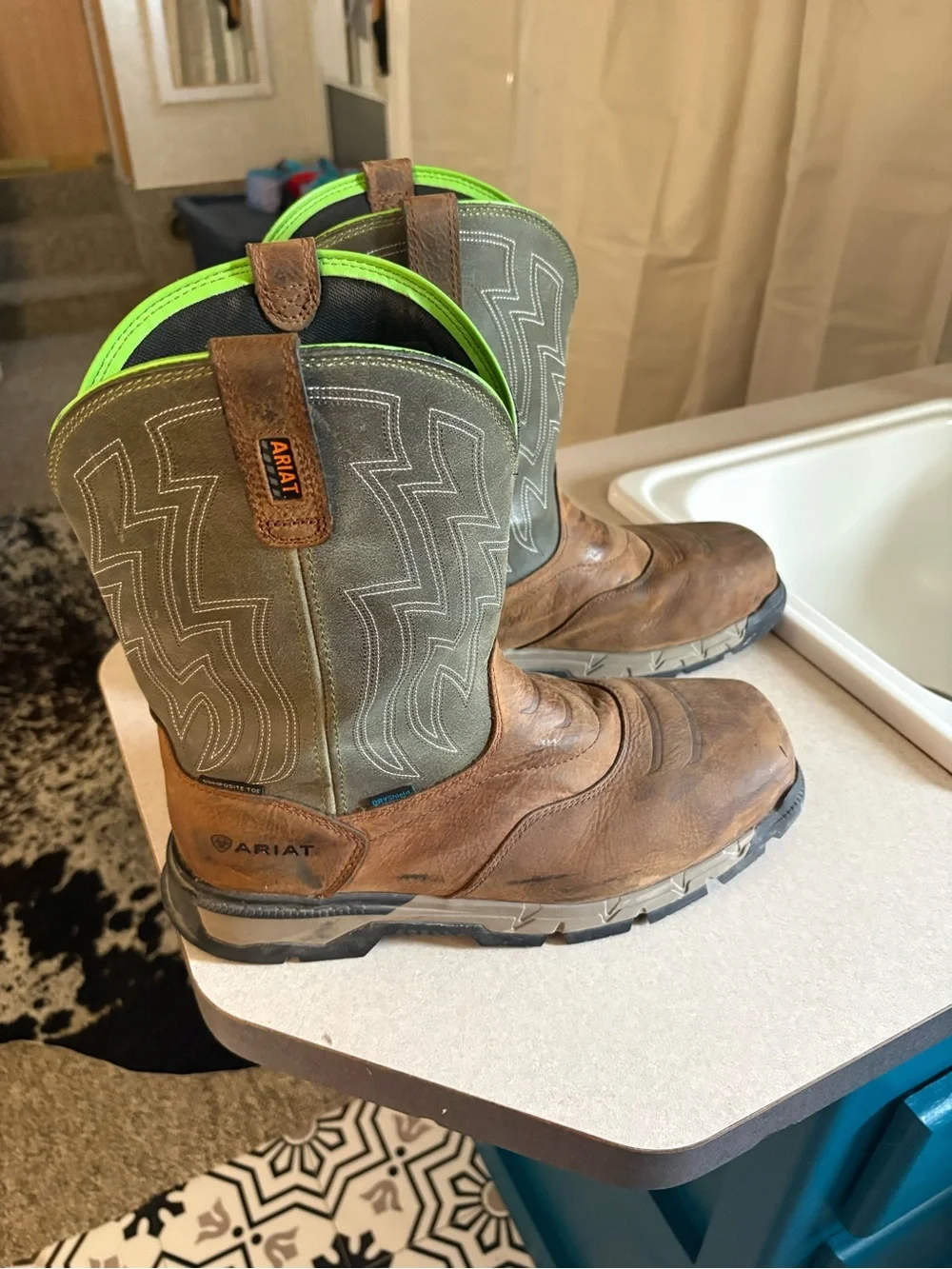 Ariat Brown Leather & Olive Pull-On Boots with Neon Green Accent